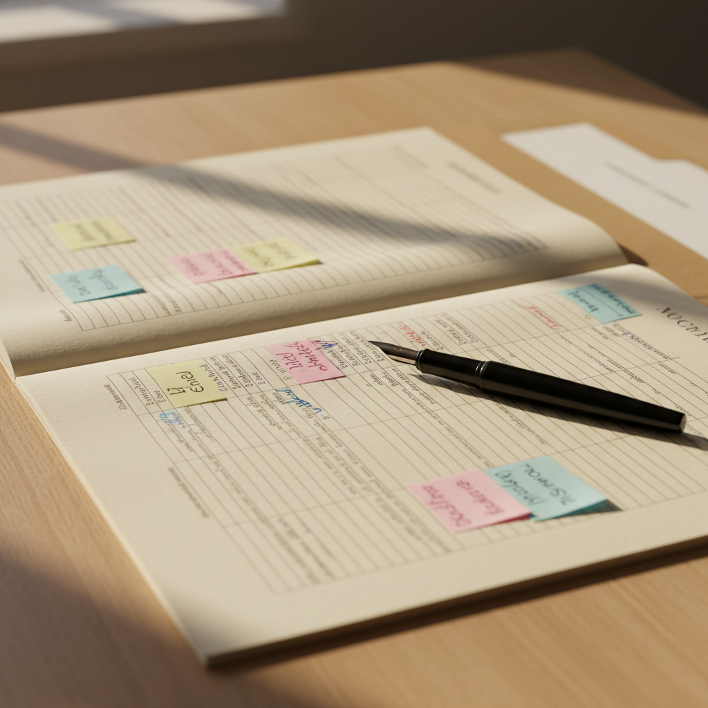 A close-up view of a meticulously annotated legal case file spread across a light oak table: cream-colored sheets with dense, neatly formatted Portuguese text, vibrant sticky notes in pastel tones marking key paragraphs, and precise underlining in blue and red ink. A high-quality black metal fountain pen with a fine nib rests diagonally across the top page. Natural afternoon light streams from the left, casting soft, directional shadows that emphasize the paper’s texture and the subtle embossing on the folder’s tab. Photographic realism with a shallow depth of field keeps the annotations in sharp focus while the edges blur softly, creating a studious, analytical mood ideal for illustrating practical case preparation and close legal reasoning.