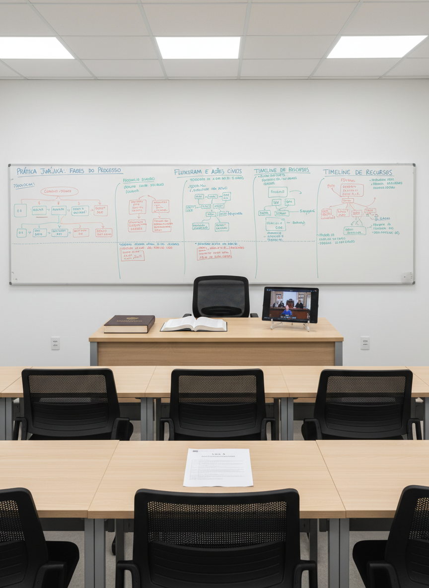 An organized legal practice classroom setup with a long, modern whiteboard at the front, filled with neatly written procedural steps, flowcharts, and timelines in multiple colors about prática jurídica. Below, a wide, light wood instructor’s desk supports an open code book, a structured lesson plan, and a tablet displaying a digital courtroom interface. Overhead LED panel lights provide clear, even illumination with no harsh shadows, bringing out the crisp white of the walls and the subtle grain of the desks. Photographed straight-on in high-resolution photographic realism, the room appears uncluttered and professional, with rows of empty ergonomic chairs and clean desks suggesting readiness for advanced, hands-on legal training.