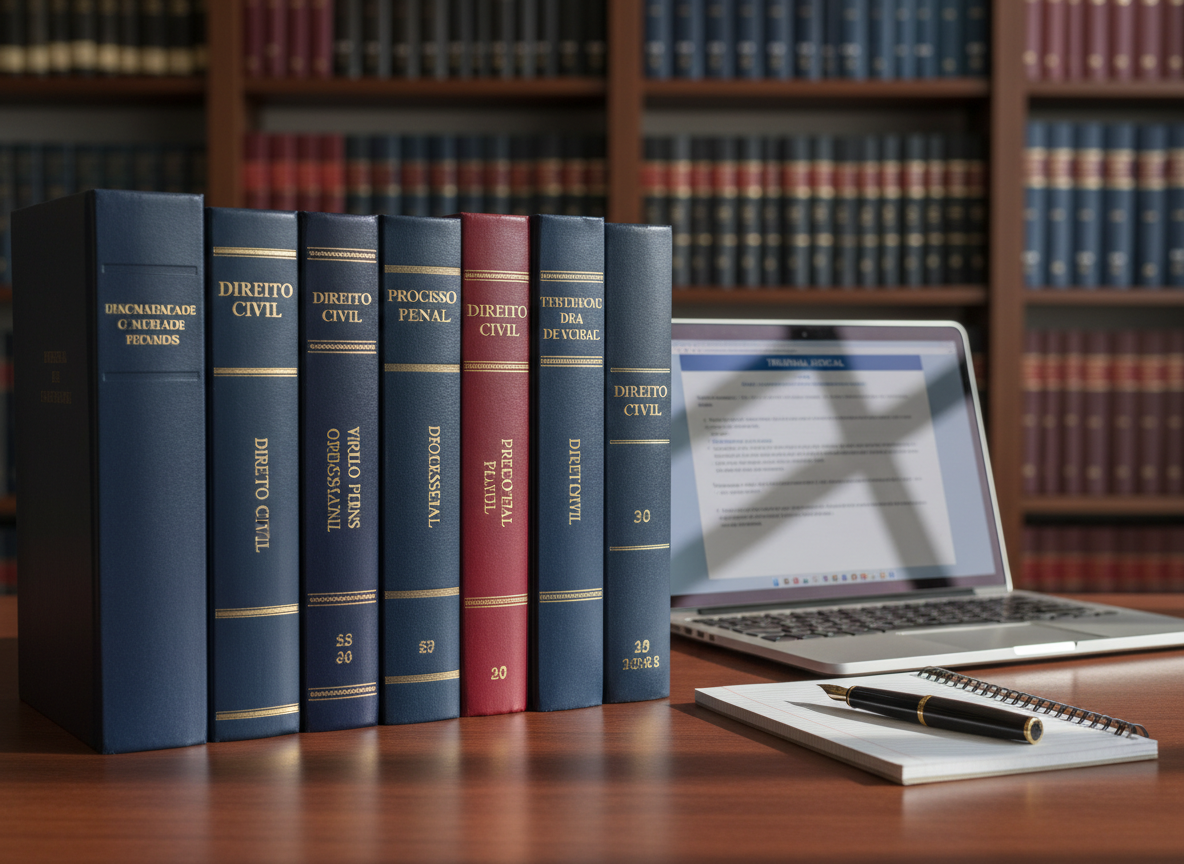 A carefully arranged stack of thick civil law and criminal procedure textbooks in deep navy and burgundy hardcovers, their gold-embossed titles in Portuguese clearly visible, resting on a smooth, dark walnut desk. A sleek, open silver laptop displays a clean legal case document interface, with a neat notebook and black fountain pen placed beside it. Soft daylight filters through an unseen window, creating gentle reflections on the laptop and subtle shadows along the book spines. Shot at eye level with a shallow depth of field, the foreground in crisp photographic realism and the background fading into a soft blur of shelves lined with more legal volumes, conveying a professional, focused atmosphere of rigorous juridical study turning into real-world practice.