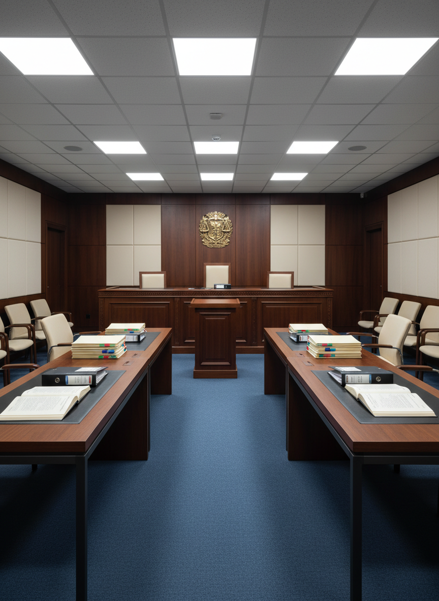 A polished moot courtroom interior featuring a dark wood judge’s bench, two minimalist counsel tables, and a central lectern, all immaculately organized and free of clutter. On each table, neatly stacked case files in cream folders, color‑tabbed binders, and open legal codes in Portuguese rest in precise alignment. Overhead, diffused ceiling lights cast an even, neutral illumination, highlighting the rich textures of the wood and the subtle grain of the leather surfaces. Captured from a slightly elevated, wide-angle perspective in clean photographic realism, the composition leads the eye down the central aisle toward the bench, creating a calm, serious atmosphere that reflects professional legal training and simulated real-world practice.