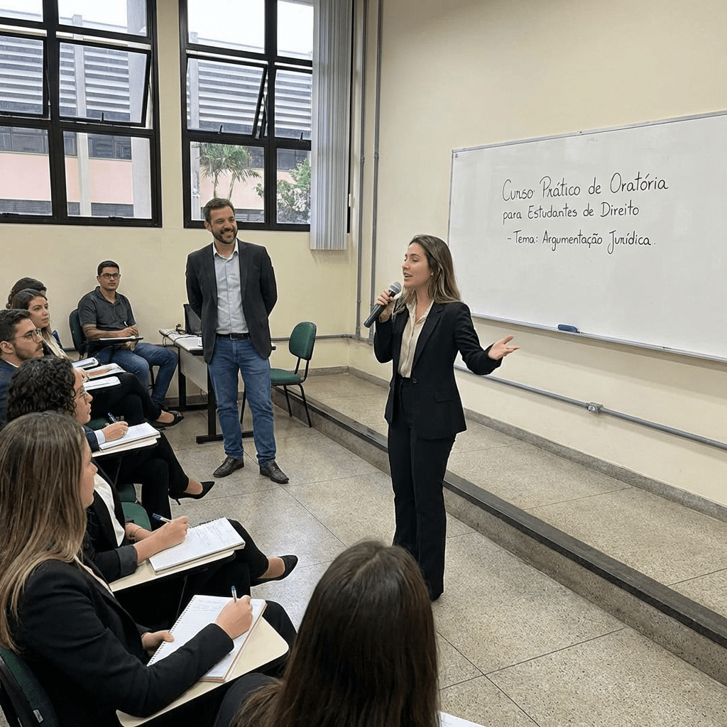 Curso Prático de Oratória para Estudantes de Direito - Tema: Argumentação Jurídica. A woman speaks to students.