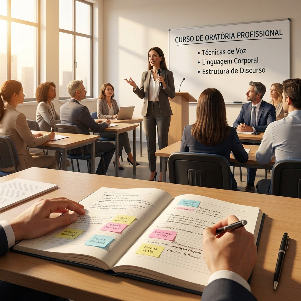 Instructor teaching CURSO DE ORATÓRIA PROFISSIONAL covering Técnicas de Voz, Linguagem Corporal, and Estrutura de Discurso.